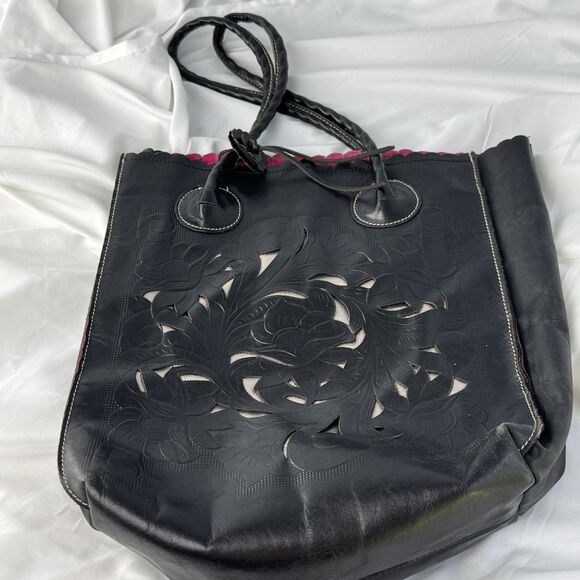 Patricia Nash Handbags - Patricia Nash Leather Tote Handbag Black Tooled Cutout 13x16 Pink Int Dustbag